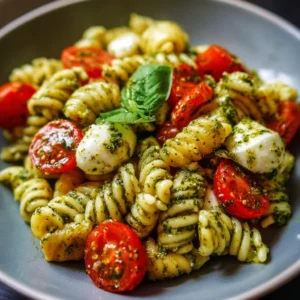 Delicious Pesto Caprese Pasta Salad with basil, mozzarella, and tomatoes