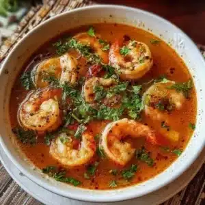 Bowl of quick and spicy shrimp soup garnished with herbs