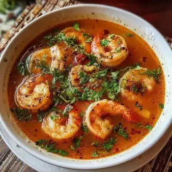 Bowl of quick and spicy shrimp soup garnished with herbs