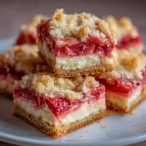 Delicious rhubarb bars with cream cheese topping on a plate