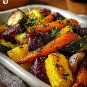 Roasted sheet pan vegetables with garlic on a serving platter