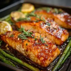 Sheet pan honey glazed salmon garnished with herbs and lemon slices
