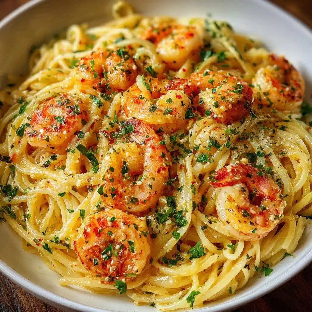 Shrimp scampi garlic cream pasta served in a bowl with fresh herbs and garlic bread.
