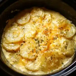 Delicious slow cooker scalloped potatoes garnished with herbs