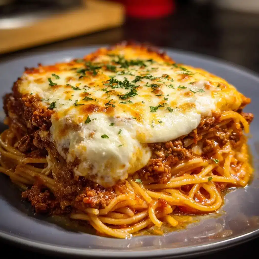 Spaghetti pie topped with ricotta, meat sauce, and mozzarella cheese.