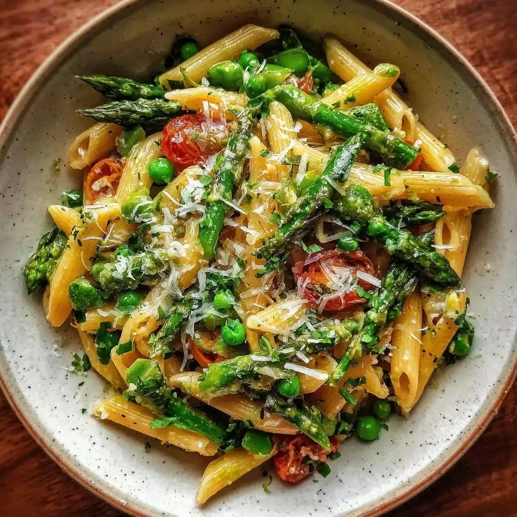 A colorful plate of spring vegetable pasta with seasonal vegetables.