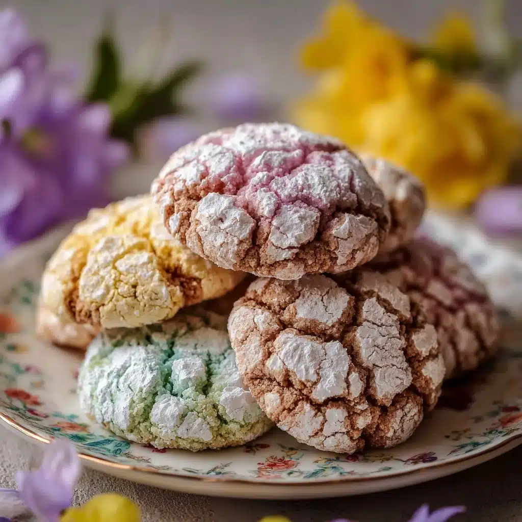 Springtime Crinkle Cookies with powdered sugar on a plate