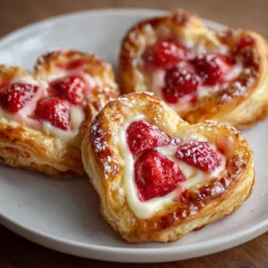 Strawberry Cream Cheese Heart Danishes 3 Strawberry Cream Cheese Heart Danishes with flaky pastry and fresh strawberries
