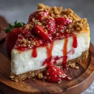 A delicious slice of Strawberry Crunch Cheesecake topped with fresh strawberries