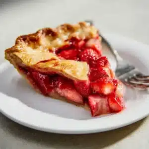 Slice of strawberry rhubarb tart on a plate with fresh strawberries