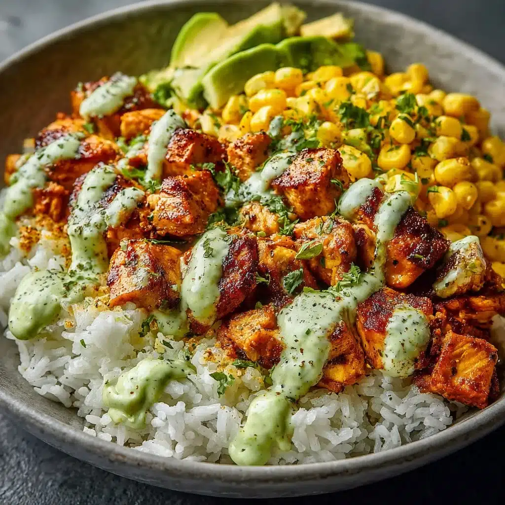 Delicious Street Corn Chicken Rice Bowl with chicken, corn, and rice
