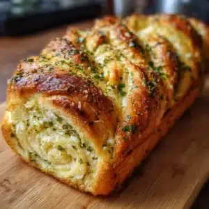 Swirled Garlic Herb and Cheese Bread 3 Loaf of swirled garlic herb cheese bread on a wooden cutting board