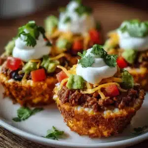 Delicious taco cupcakes topped with sour cream and jalapeños.