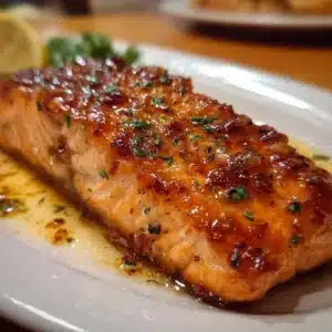 Texas Roadhouse style baked salmon on a plate garnished with herbs