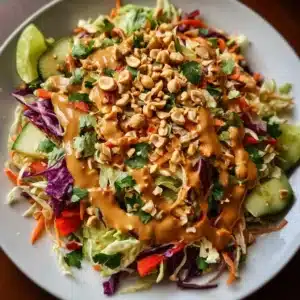 Thai Crunch Salad CPK Copycat (with peanut ginger sauce) 3 Delicious Thai Crunch Salad with peanut ginger sauce on a wooden table