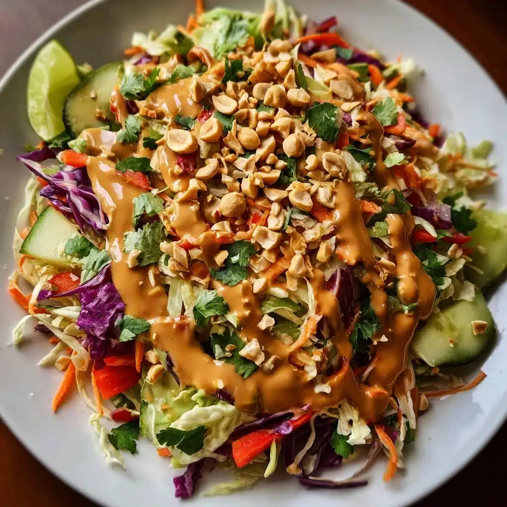 Delicious Thai Crunch Salad with peanut ginger sauce on a wooden table