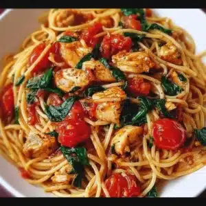 Delicious Tomato Spinach Chicken Spaghetti dish garnished with fresh herbs
