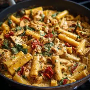 Plate of creamy Tuscan Chicken Pasta with chicken, sun-dried tomatoes, and spinach