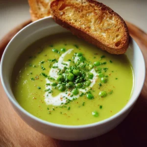 Bowl of vegan pea soup with fresh herbs and a drizzle of olive oil