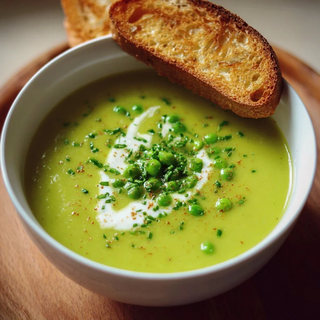 Bowl of vegan pea soup with fresh herbs and a drizzle of olive oil