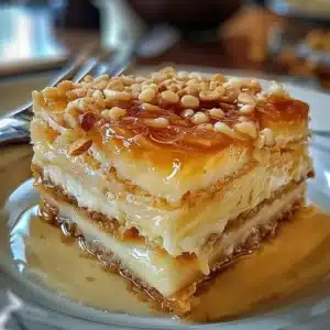 Authentic German Bee Sting Cake 3 Authentic German Bee Sting Cake topped with honey, almonds, and creamy filling.