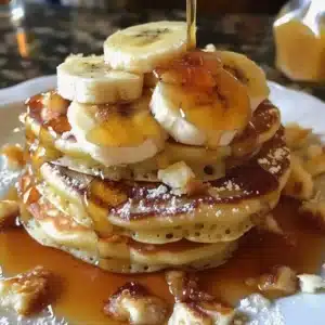 Delicious baked banana foster pancakes with caramelized bananas and syrup