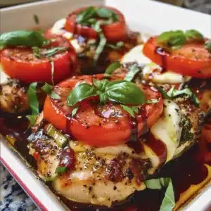Baked Caprese Chicken with mozzarella, tomatoes, and fresh basil