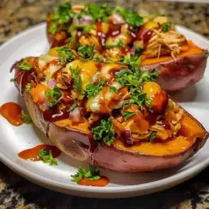 BBQ Chicken Stuffed Sweet Potatoes 3 BBQ chicken stuffed inside roasted sweet potatoes, garnished with green onions