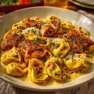 Cajun Chicken Tortellini with Garlic Sauce served on a plate
