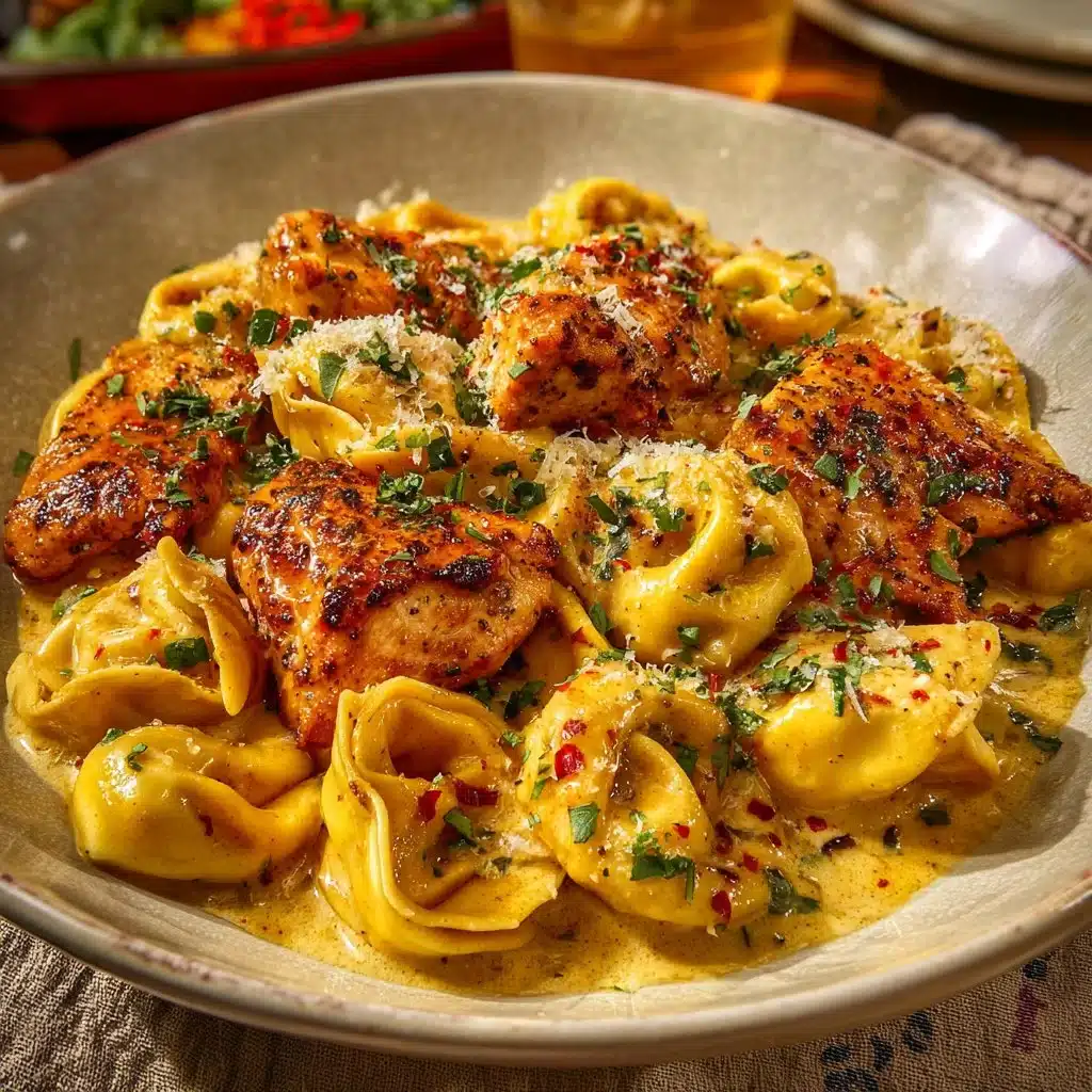 Cajun Chicken Tortellini with Garlic Sauce served on a plate