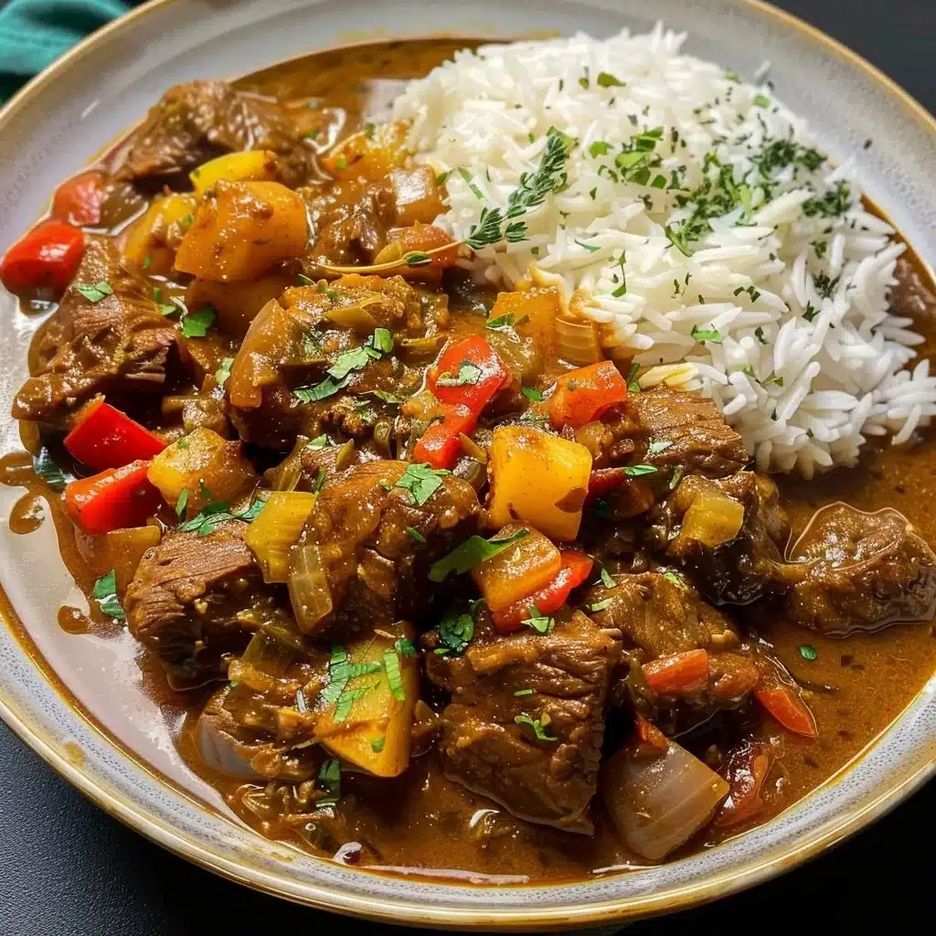 Caribbean-Style Beef Stew served with rice garnished with fresh herbs.