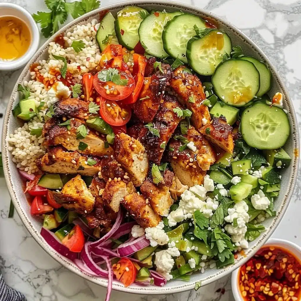 Cava Honey Harissa Chicken Bowl with vibrant vegetables and sauce