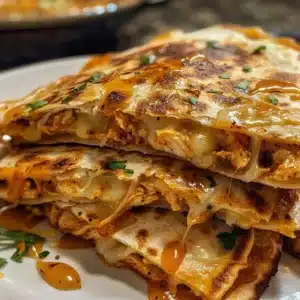 Cheesy chicken quesadillas topped with hot honey served on a plate