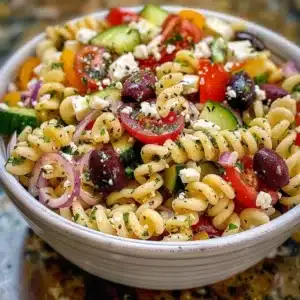 Chopped Greek Pasta Salad with fresh vegetables and feta cheese