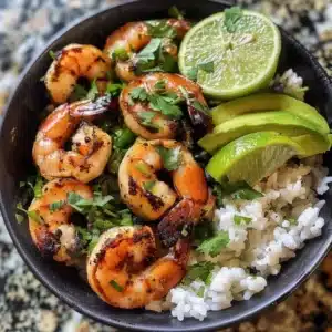Cilantro Lime Shrimp Bowl topped with fresh ingredients and vibrant colors