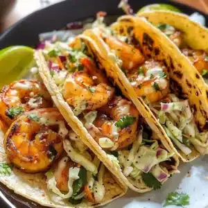 Cilantro Lime Shrimp Tacos with Creamy Slaw 3 Cilantro lime shrimp tacos topped with creamy slaw on a plate