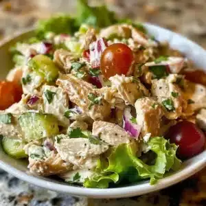 Classic Chicken Salad 3 A bowl of classic chicken salad with fresh vegetables and herbs.