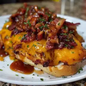 Delicious Cowboy BBQ Bacon Cheddar Chicken ready to be served