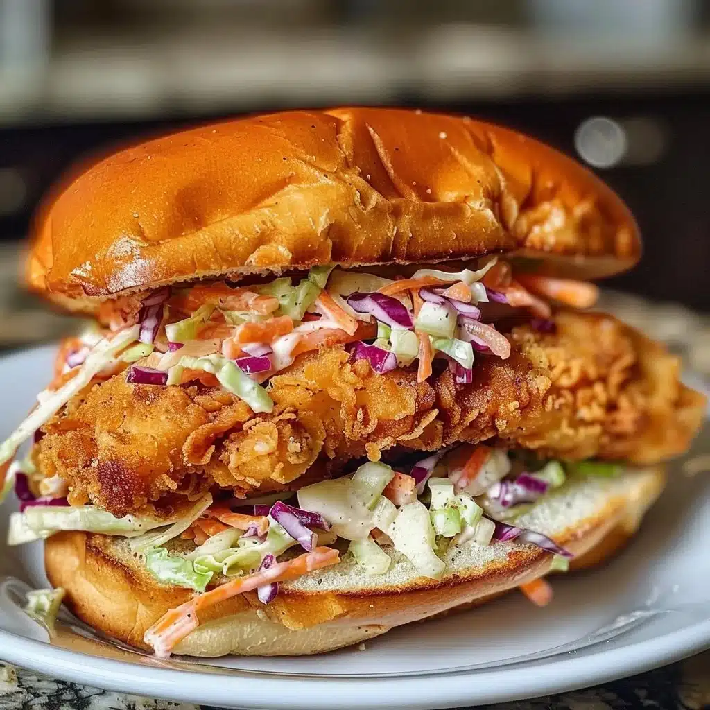 Crispy Chicken Slaw Sandwich with fresh vegetables and juicy chicken in a soft bun