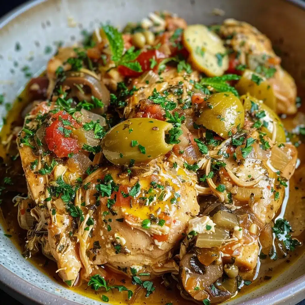 Delicious slow cooker Greek chicken garnished with herbs and lemon