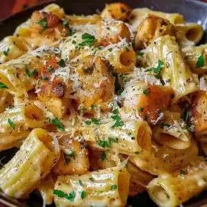 Delicious Garlic Butter Chicken served with Rigatoni and Parsley Garnish