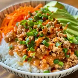 Ground Turkey Rice Bowls with Bang Bang Sauce 3 Ground turkey rice bowl with colorful vegetables and Bang Bang sauce