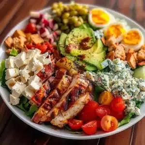 High Protein Chick Fil A Cobb Salad - FlirtyFood 3 High Protein Chick Fil A Cobb Salad with fresh ingredients and vibrant colors.
