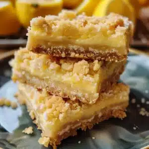 Homemade Lemon Crumb Bars 3 Freshly baked homemade lemon crumb bars on a plate