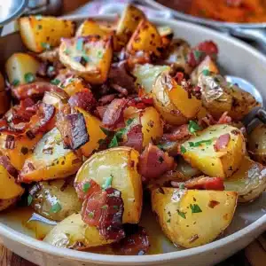 Delicious honey bacon roasted potatoes garnished with herbs