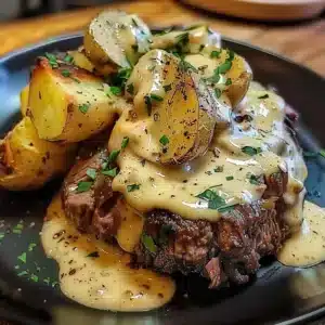 Delicious loaded steak potatoes topped with creamy sauce and garnished