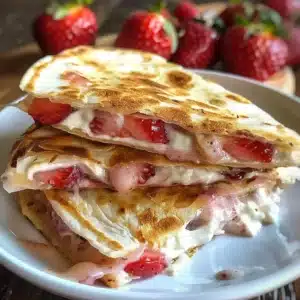 Indulgent Strawberry Cream Cheese Quesadillas You'll Love 3 Delicious strawberry cream cheese quesadillas plated with fresh strawberries.