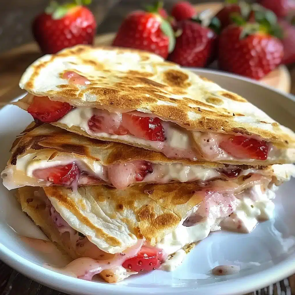Indulgent Strawberry Cream Cheese Quesadillas You'll Love 1 Delicious strawberry cream cheese quesadillas plated with fresh strawberries.