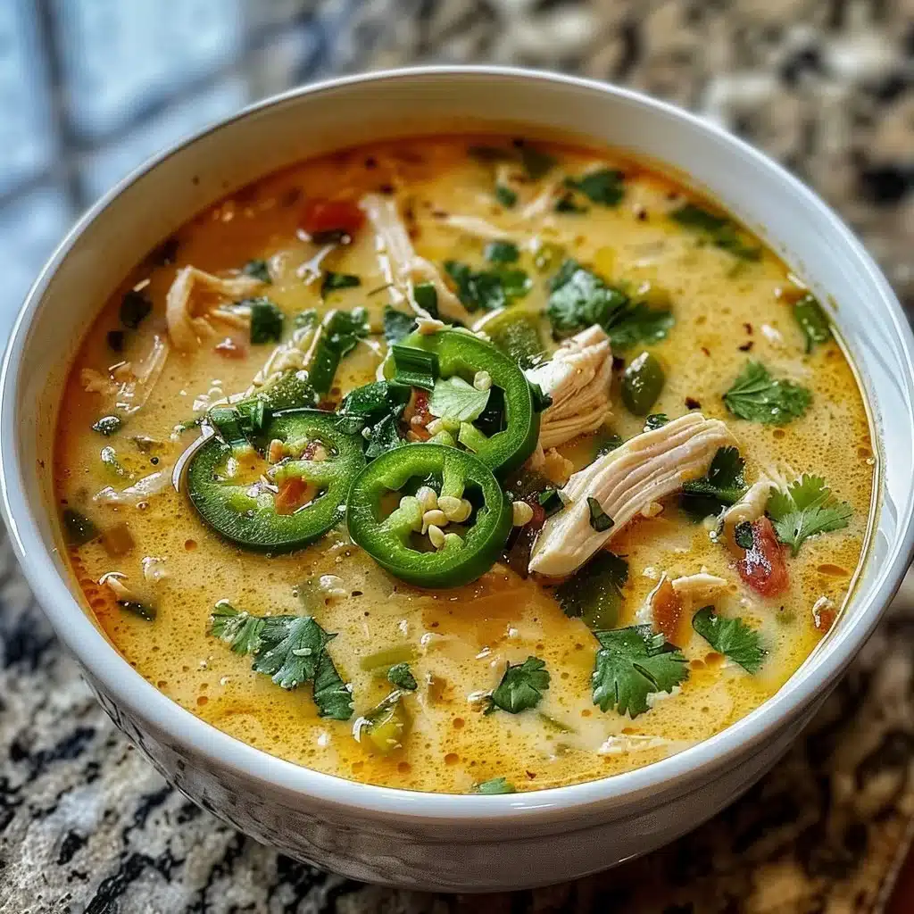 Bowl of spicy jalapeño popper chicken soup garnished with cheese and jalapeños