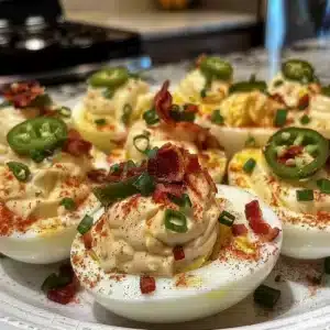 Loaded Jalapeño Popper Deviled Eggs with Bacon 3 Loaded jalapeño popper deviled eggs topped with bacon